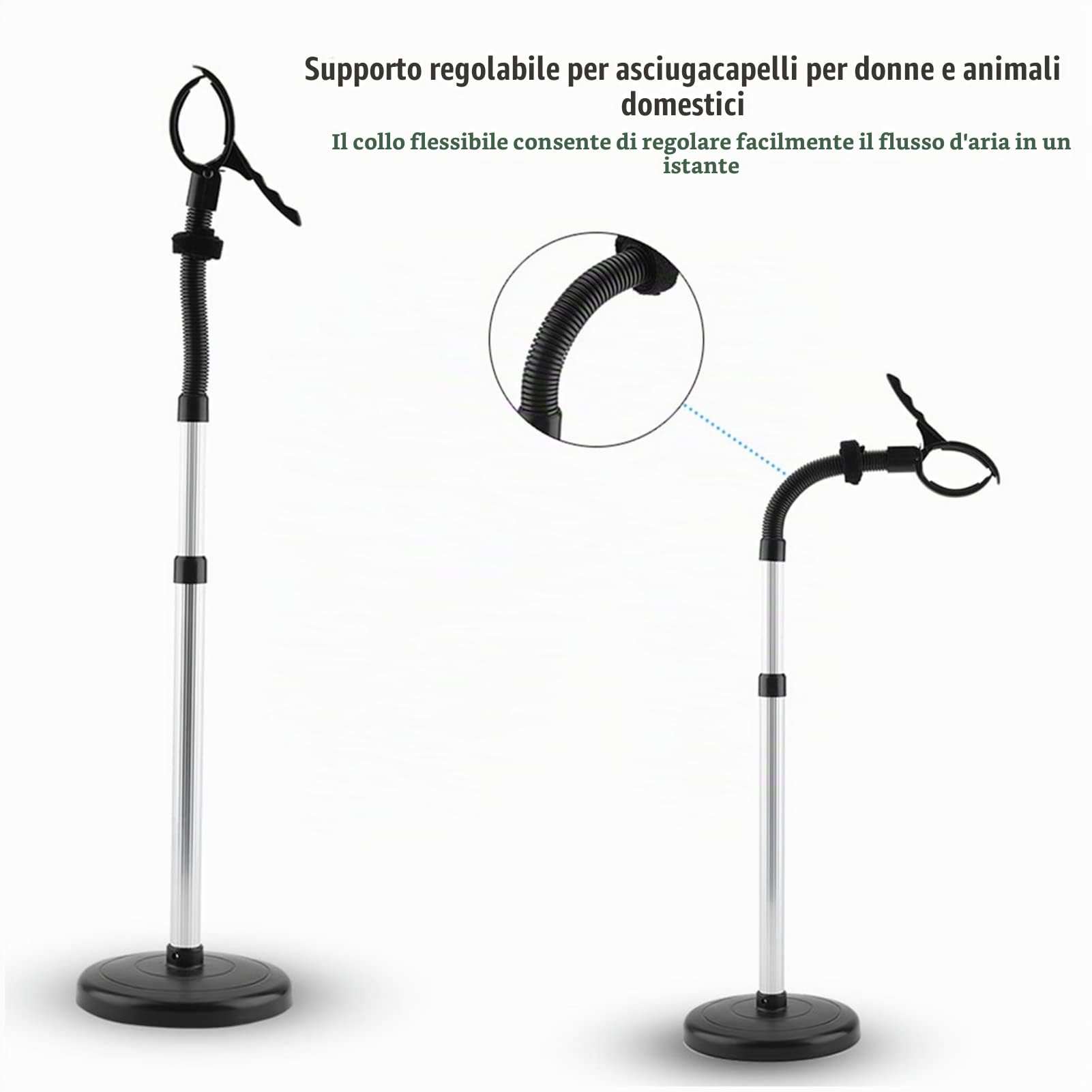 Wakects Porta Asciugacapelli da Tavolo Regolabile e Girevole a 360 Gradi Supporto per Asciugacapelli a Mani Libere per Bagno Barbiere Salone Commerciale 18 x 93,5 cm