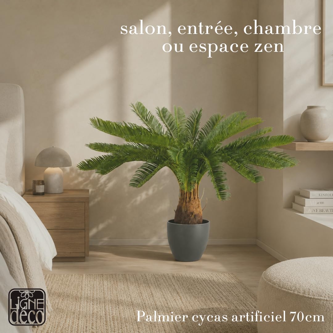 Ligne Déco – Palmier Cycas Artificiel 70cm | Pot Plastique Noir Intérieur Imitation Terre