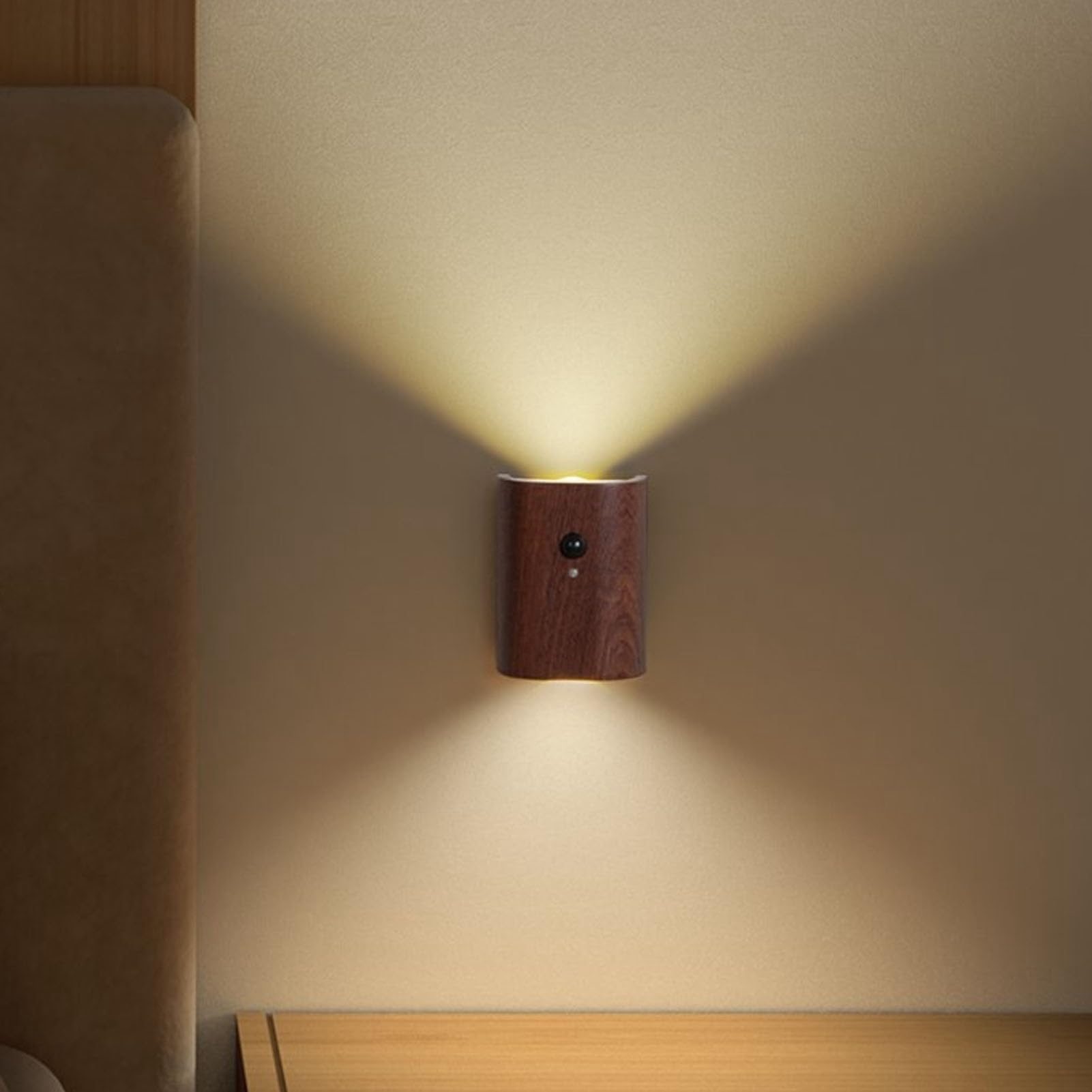 YWBL-WH Luce Notturna per Corridoio con Sensore di Movimento, Design in Legno, luminosità Regolabile, Durata della Batteria di 8 Ore, Rotazione a 360° per Casa e Camera da Letto