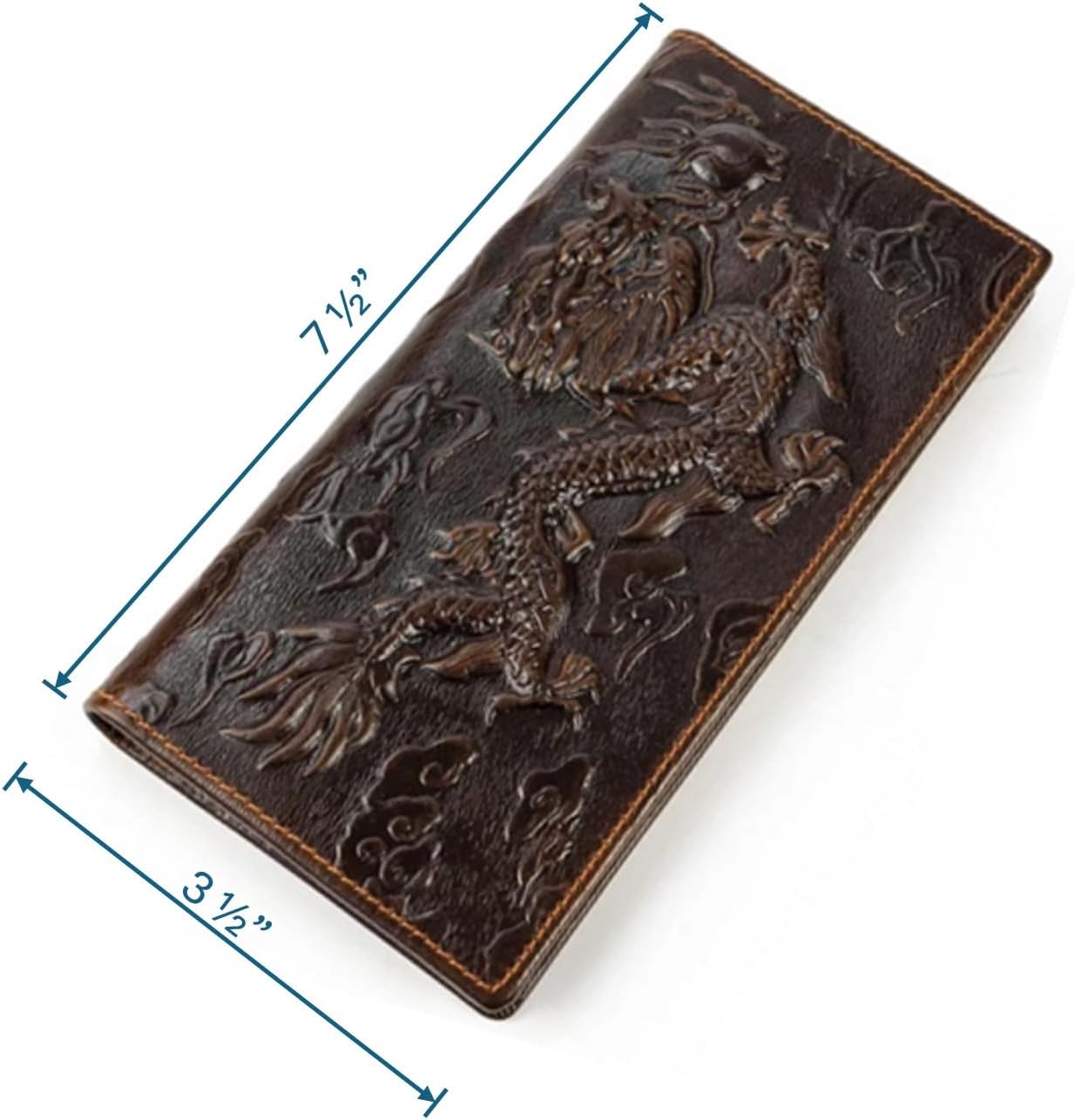 Genuine Leather Bifold Long Wallet for Men, Retro Vintage Embossed Clutch with Zipped Coin purse & Credit card Slots. RFID Blocking. Dragon- Coffee - Image 4