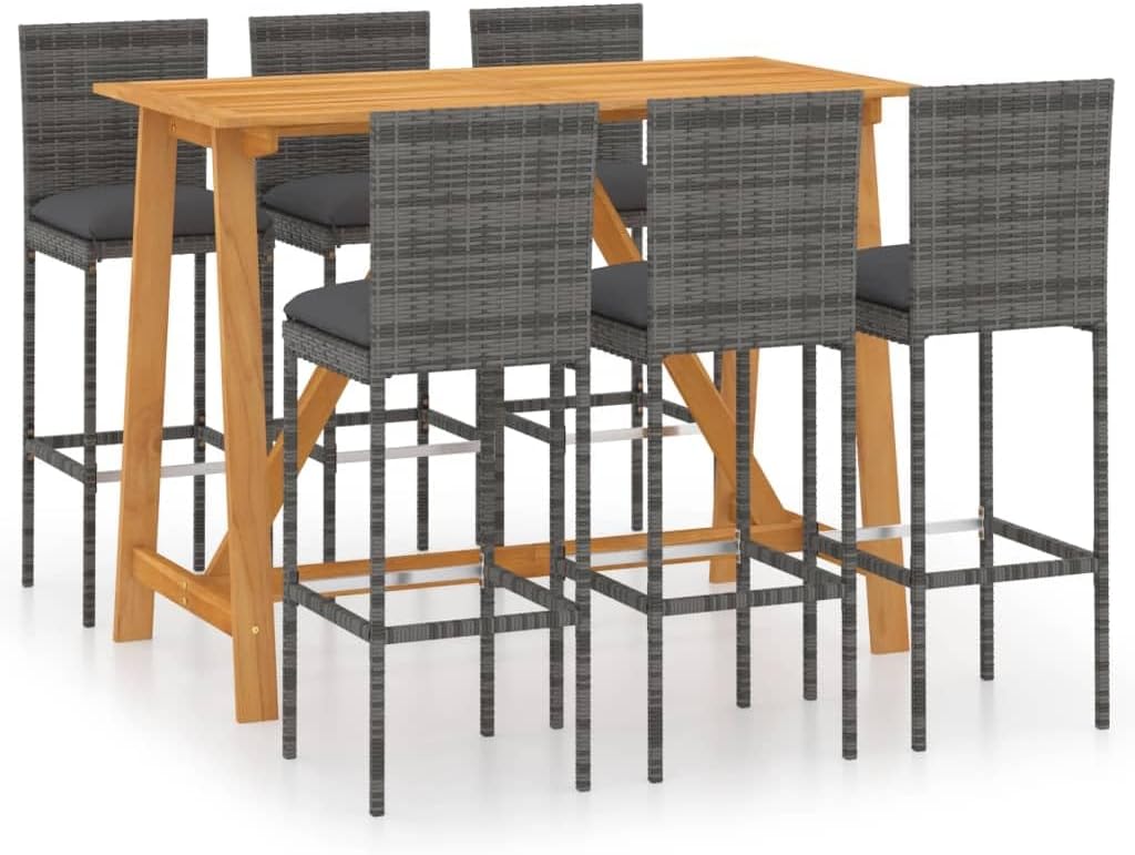 vidaXL 7 Piece Garden Bar Set with Cushions in Grey Durable Acacia Wood Outdoor Dining Table & Chairs for 6 People Removable Modern Patio Furniture and Chair Stool Bistro Pub Sets