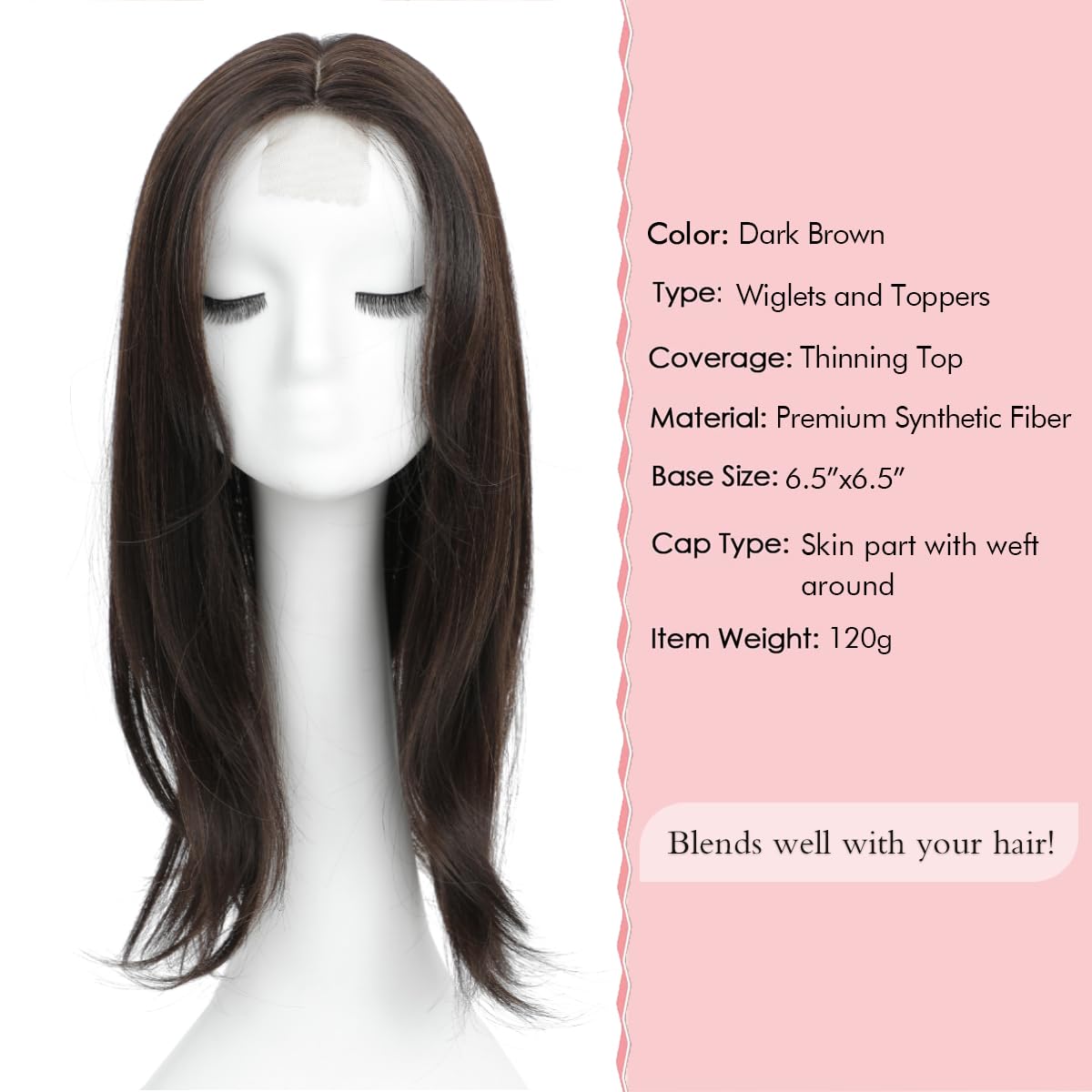 Haaraufsatz für dünner werdendes Haar, 45,7 cm, Haarteil für Damen, 16,5 x 16,5 cm, für zusätzliches Haarvolumen, natürliches glattes Haarteil, fühlt sich super weich an wie echtes Haar