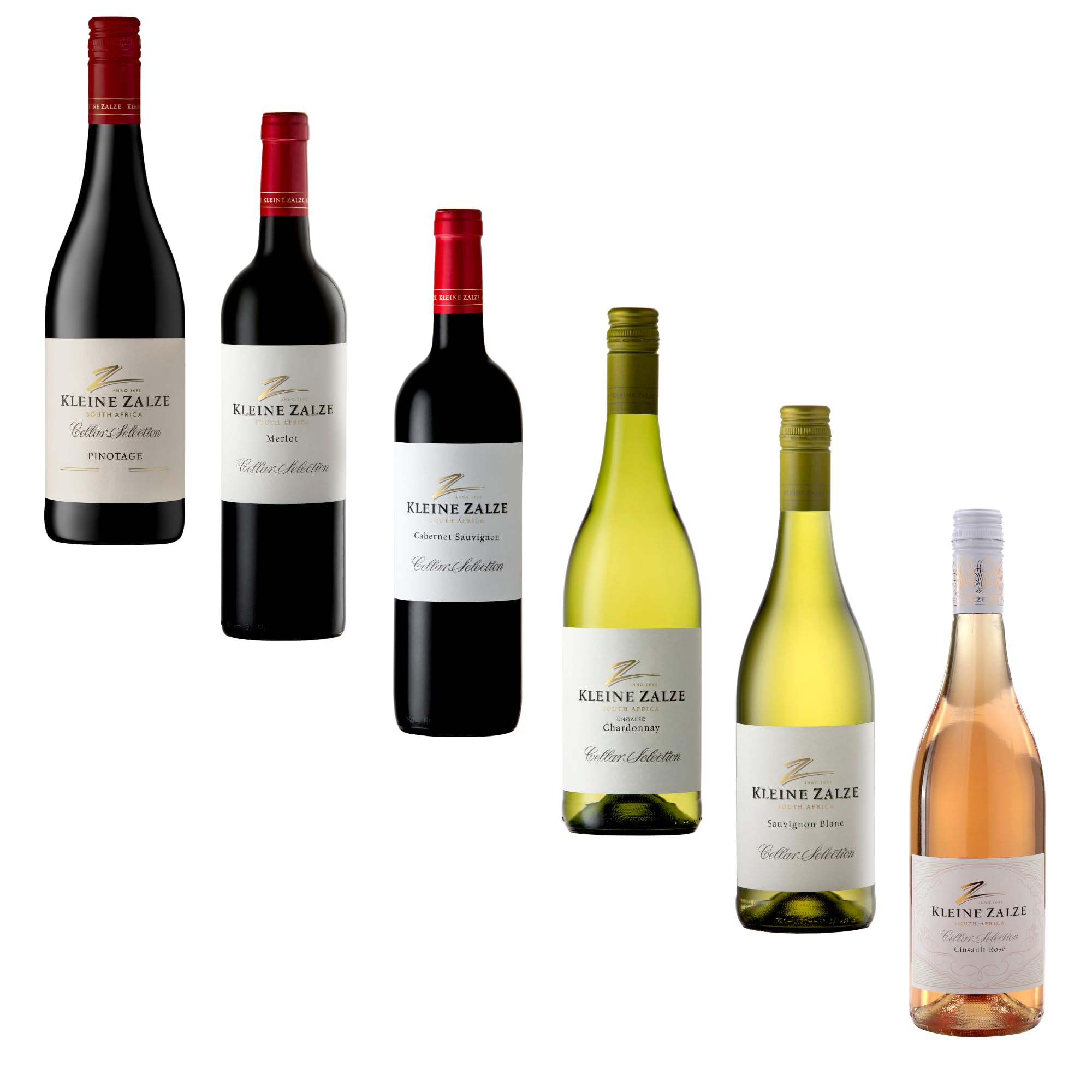 Kleine Zalze Südafrika Wein-Probierpaket 6x0,75l - 3x Rotwein, 2x Weißwein, 1x Rosé (Merlot, Pinotage, Cabernet Sauvignon, Sauvignon Blanc, Chardonnay & Rosé, 6x0,75l)
