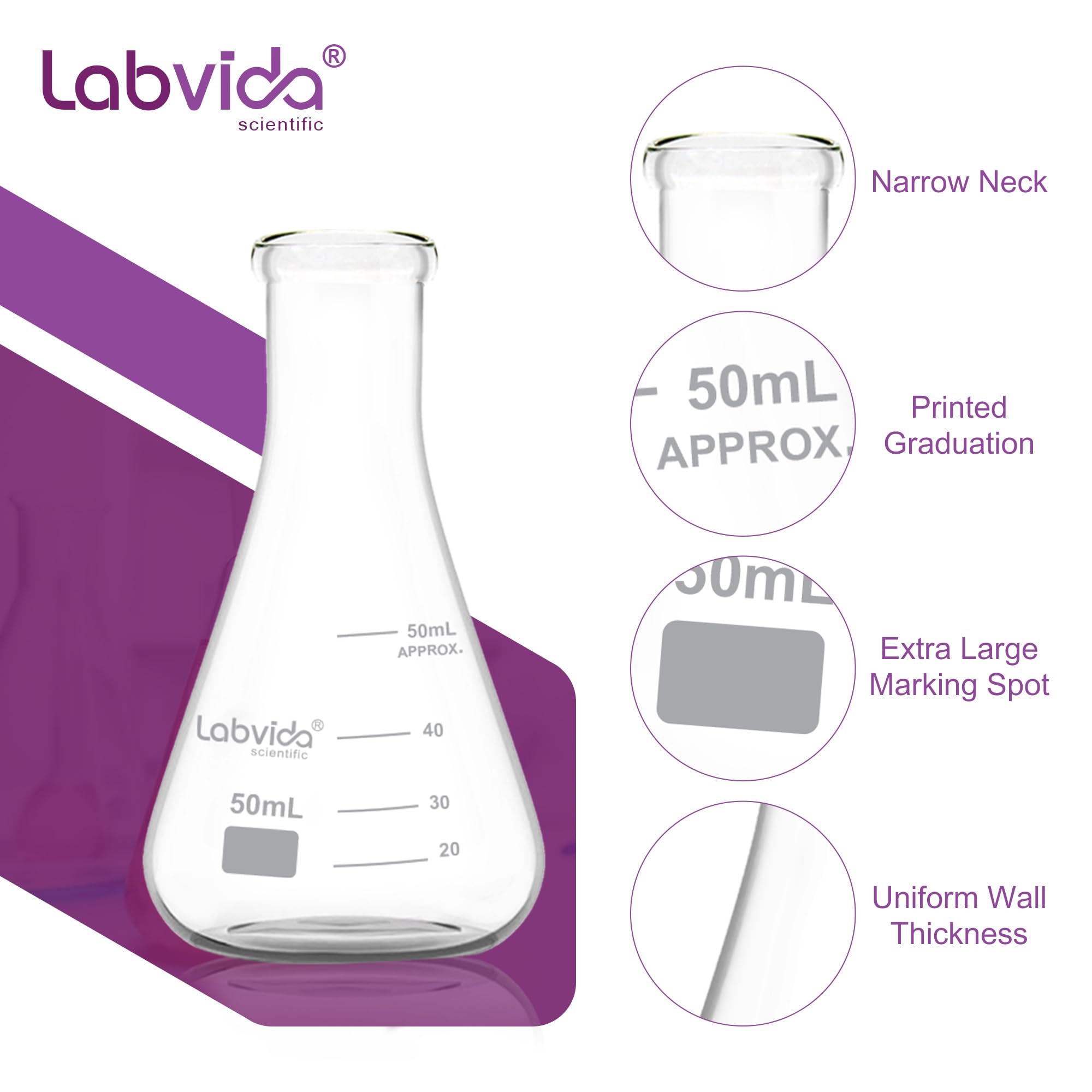 LVC001 - Lote de 4 frascos de cristal de boca estrecha Erlenmeyer, vol.50 ml, 3.3 Borocilicate con graduación impresa, 4 unidades