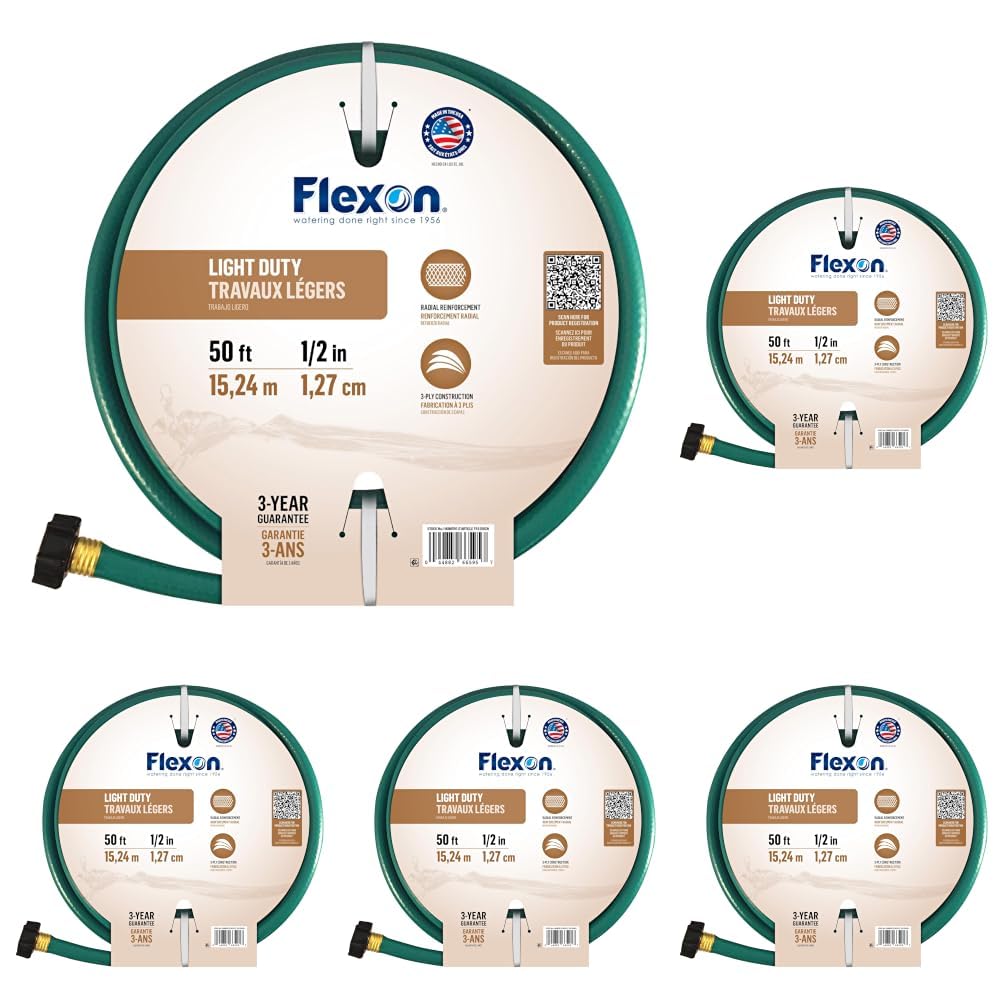 Flexon 1/2-Inch by 50-Foot Reinforced Garden Hose FR1250,Green, 50ft (Pack of 5)
