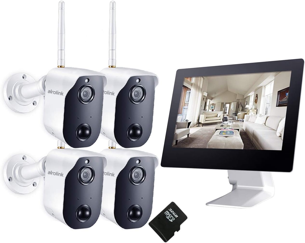 Wireless Security Camera System,4 Battery Powered 1080P Cameras,Alrolink 4CH All in One 9inch Touch Screen NVR, Indoor Outdoor, 2 Way Audio, PIR Motion Detection,Night Vision, for Home Surveillance