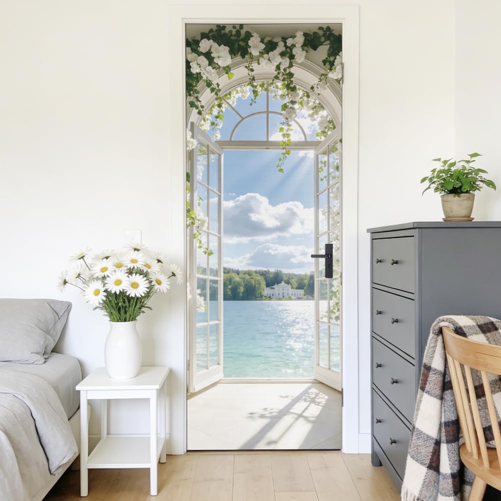 arricraft 2 Pcs Lake View Window Theme Self-Adhesive Door Sticker, 31.5"x78.7" Floral Balcony Decorations Door Murals Stickers PVC Removable Wallpaper Decoration for Bedrooms Living Room