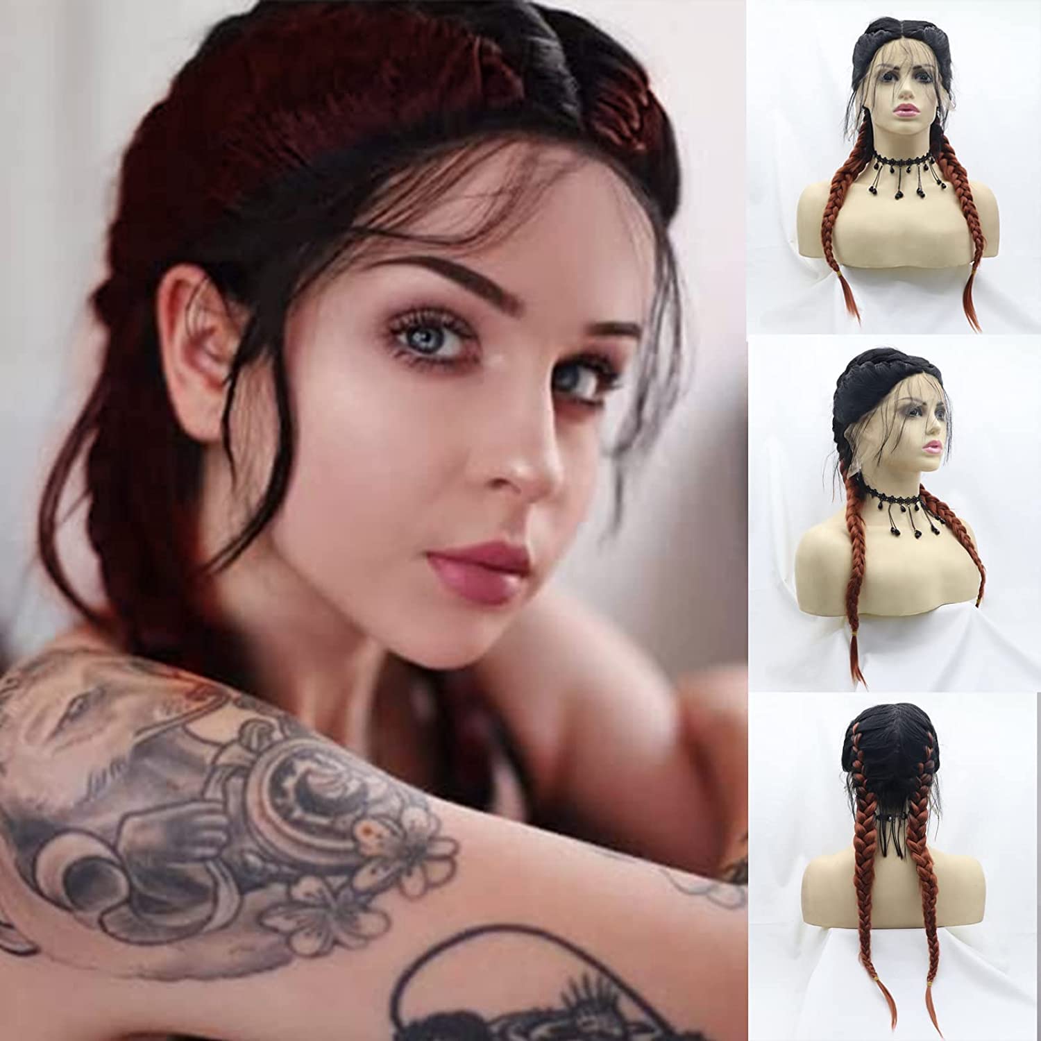 Copper Red Braided Wigs for Black Women Twist Double Box Braid Wigs Long Brown and Red Pre-Plucked Hairline Ombre Glueless Real Hair Wig Synthetic Braiding Heat Resistant Fiber Drag Cosplay 22Inch - Image 2