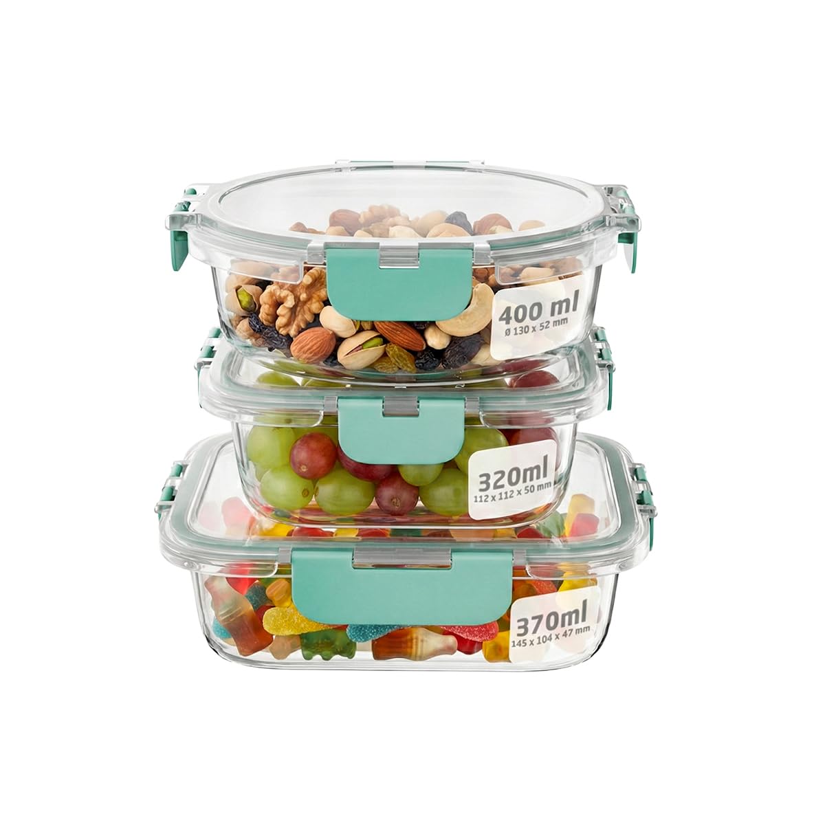Amig - Set of 3 airtight glass food containers - Capacity: 400 ml / 370 ml / 320 ml - Round, rectangular and square - For microwave, oven, freezer and dishwasher - Green colour