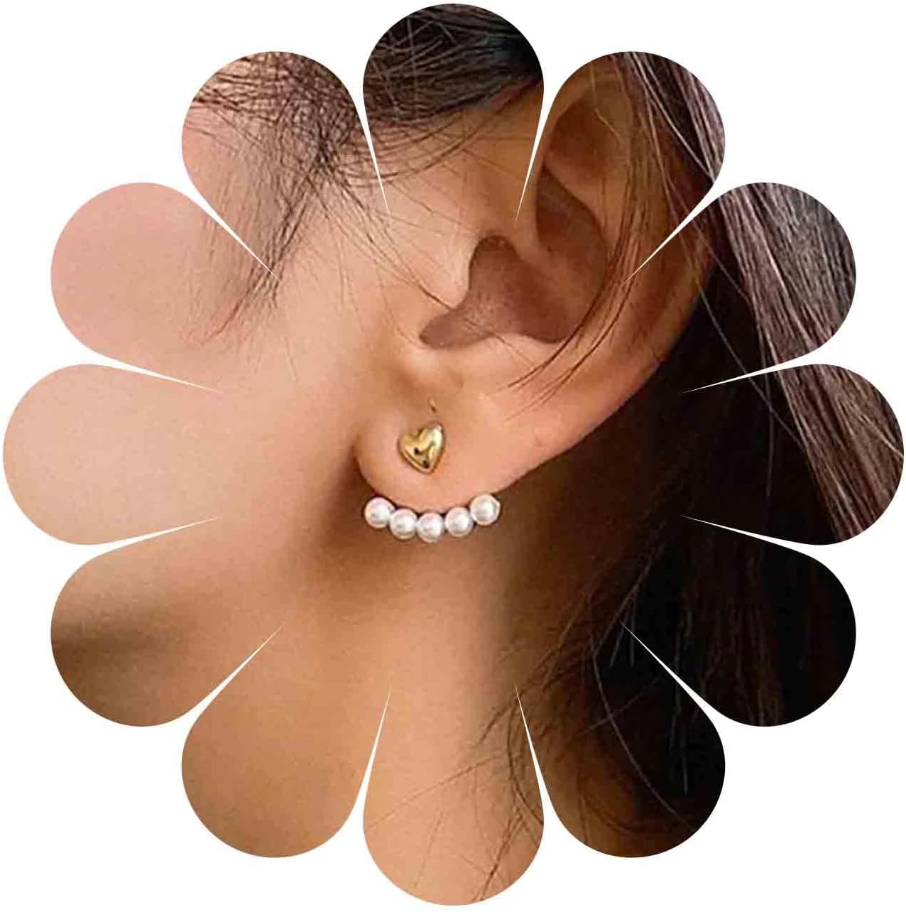 Boho Pearl Ear Jacket Earrings Gold Heart Studs Earrings Love Heart Earrings Vintage Double Sided Studs Earrings Jewelry for Women