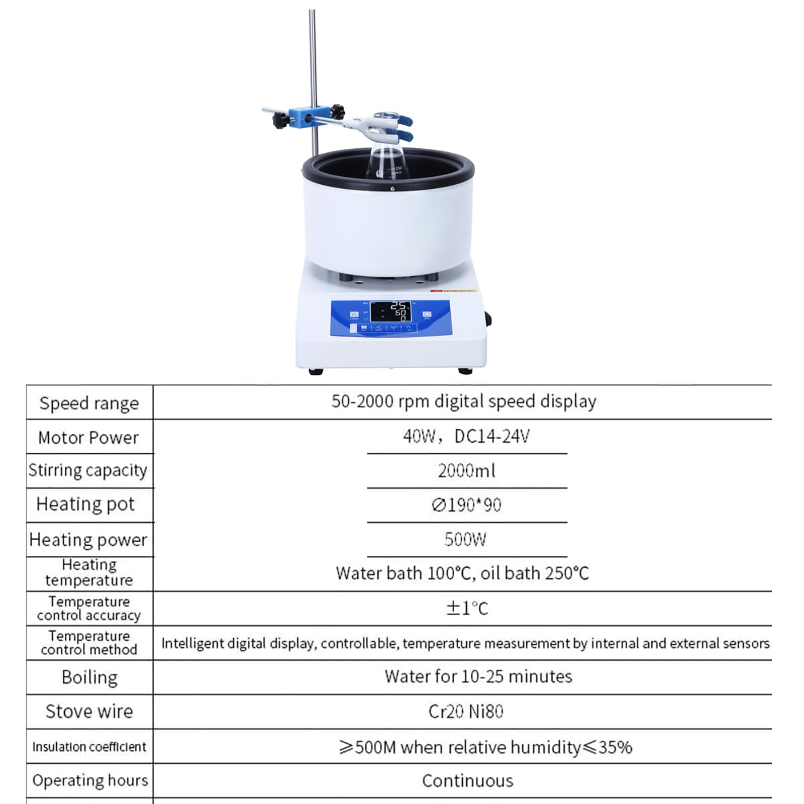 Mezclador magnético de 2 litros con calefacción, 50-2000 RPM, 500 W para baños de agua y aceite de laboratorio, olla agitadora magnética para una mezcla eficiente de líquidos