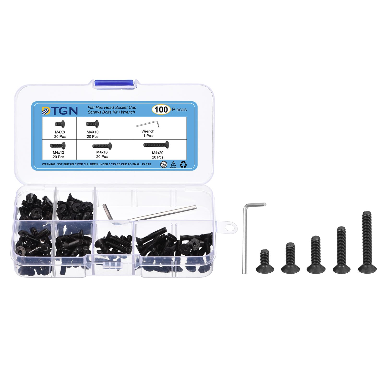 DTGN 100Pcs M4 x 8mm /10mm /12mm /16mm /20mm Flat Head Hex Socket Cap Screws Bolts Kit with Wrench, Carbon Steel Black Oxide, Full Thread, Countersunk