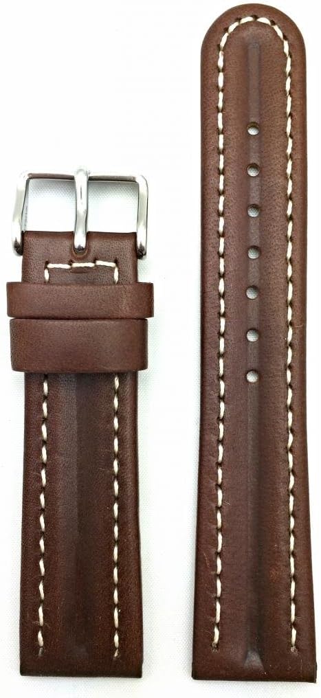 NewLife 20mm Brown Genuine Leather Watchband | Semi-Oily, Center Dimpled, Smooth Replacement Watchstrap with Creamy White Stitches that brings to Any Watch (Mens Standard Length)