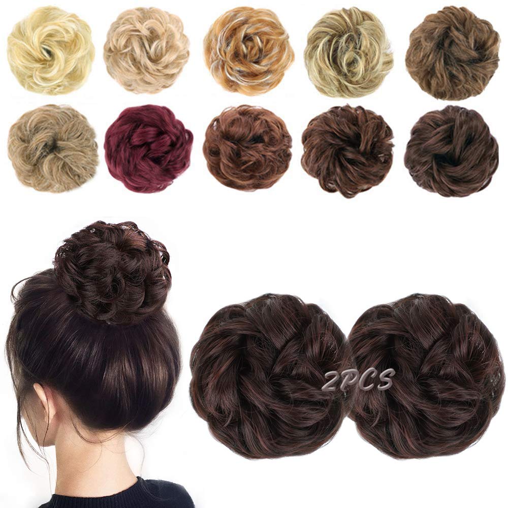 Messy Hair Bun Extensions 2PCS Curly Wavy Messy Synthetic Chignon Hairpiece Scrunchie Scrunchy Updo Hairpiece for women… (33#(Dark Auburn))