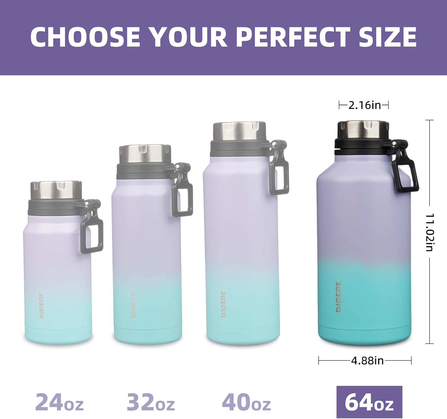 BJPKPK 64oz Insulated Water Bottle with Handle Half Gallon Stainless Steel Travel Thermal Flask Reusable Large Water Bottle,Lavender Green