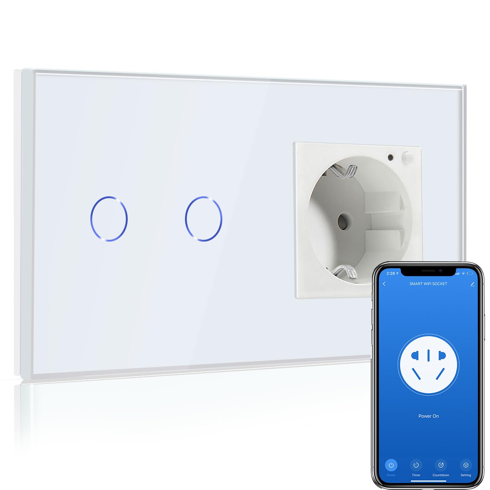 BSEED BSEED Interruptor de Luz WiFi con Enchufe,Compatible con Alexa y Google Home,Control de APP y Función de Temporizador,2 Gang 1 Vía WiFi Interruptor de Luz con Enchufe Inteligente Blanco