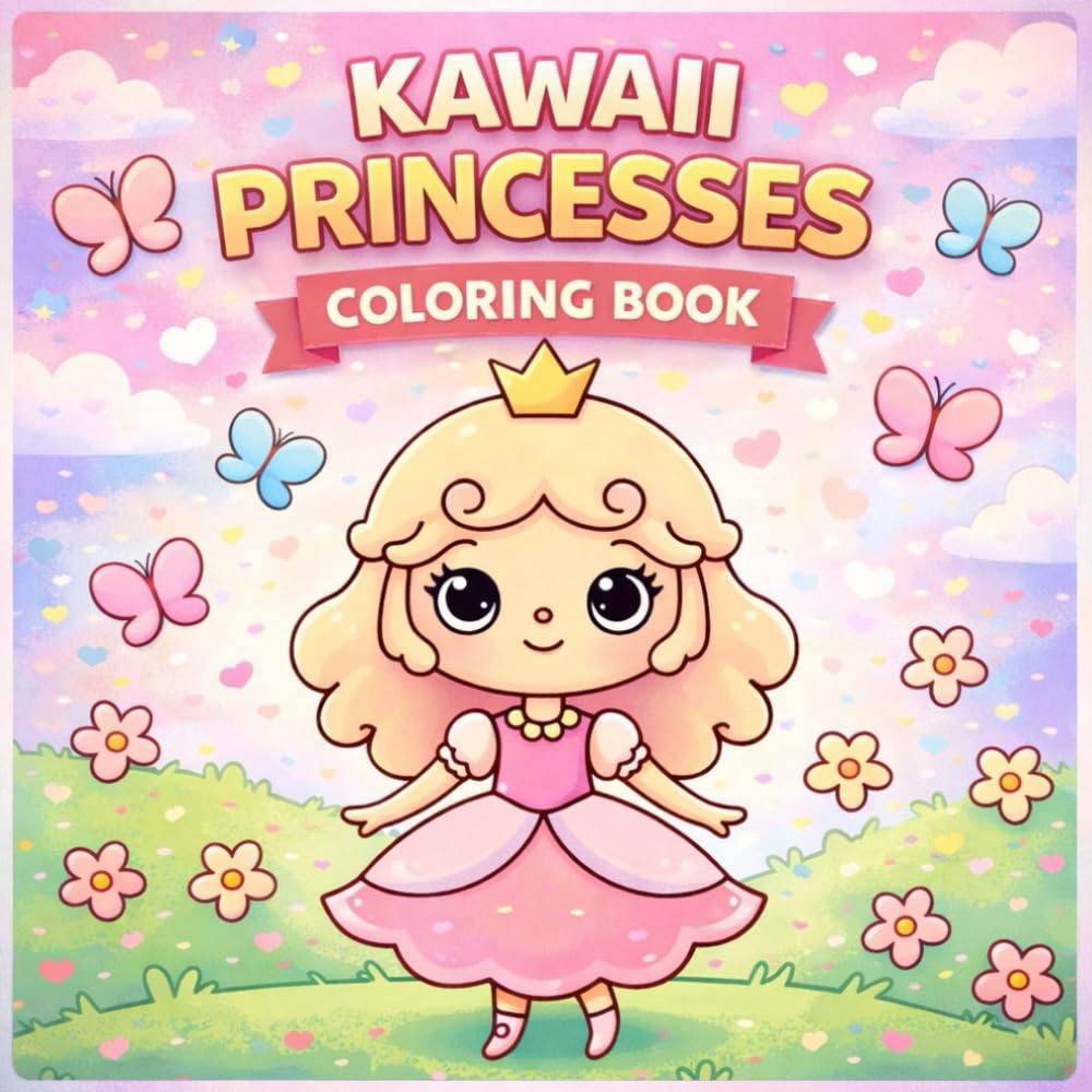 Kawaii Princesses Coloring Book: Cute and Easy Princess Coloring Pages for Kids Ages 4–8 | Adorable Fairytale Girls, Flowers, Butterflies and Magical ... and Simple Designs for Relaxing Creative Fun