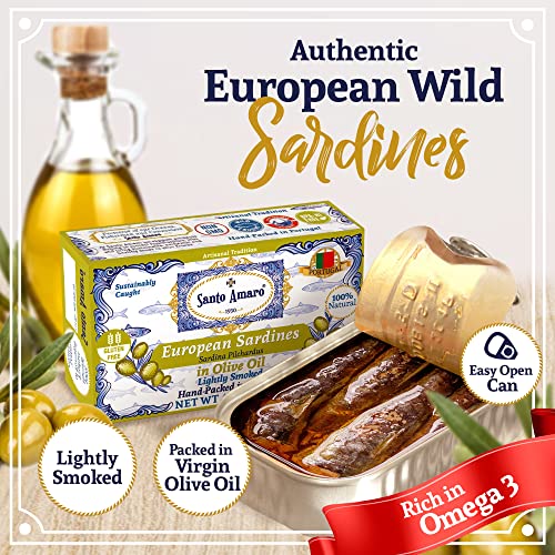 Santo Amaro - Authentic European Sardines In Olive Oil, Hand-Packed Canned Sardines From Portugal, Wild Caught Sardines In Virgin Olive Oil, Lightly Smoked, 20G Protein, Keto, Paleo, Dash, Pack Of 12 #TOP1