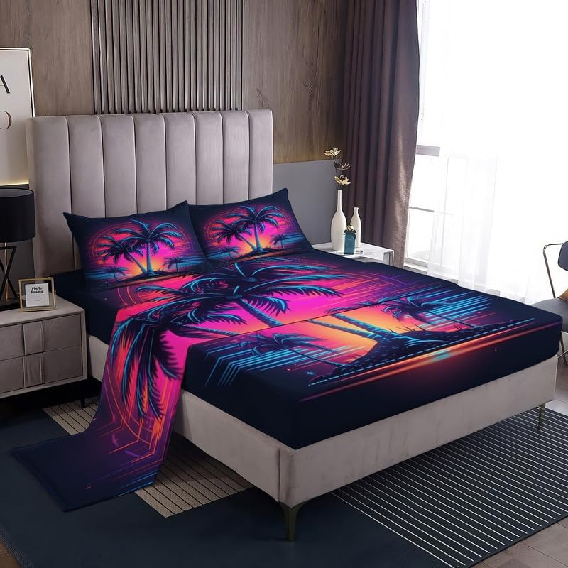 Juego de sábanas tamaño Queen, sábanas y fundas de almohada de palmera tropical, sábanas y fundas de almohada, microfibra suave, bolsillo profundo y