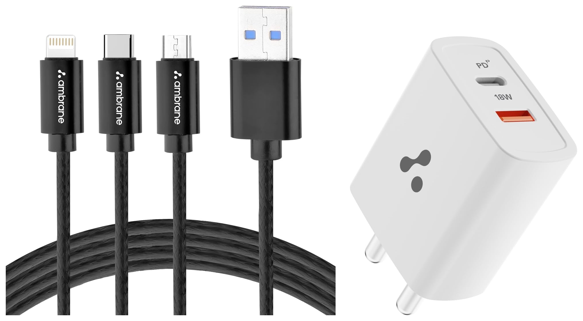 Ambrane 20W Dual Output Fast Charger/Adapter with QC & PD Technology for iPhone, Android (RAAP H11, White) with Ambrane 3 in 1 Lightning, Type C, Micro USB Cable (B0CHYW3S5K) Amazon Price History, Amazon Price Tracker