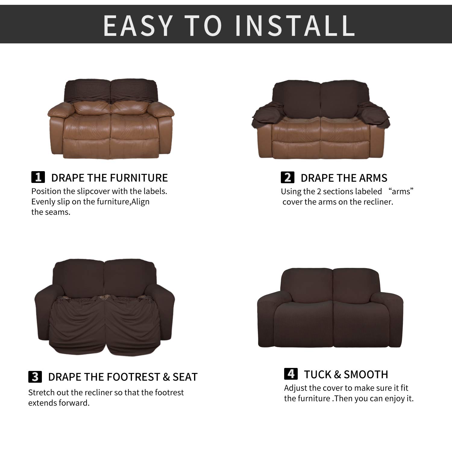 Funda elástica de microfibra para sofá reclinable seccional, suave vellón ajustable a tu sofá de 2 cuerpos, lavable, protege tus muebles, con elástico, ideal para niños, 6 piezas (sofá reclinable biplaza, chocolate). 4