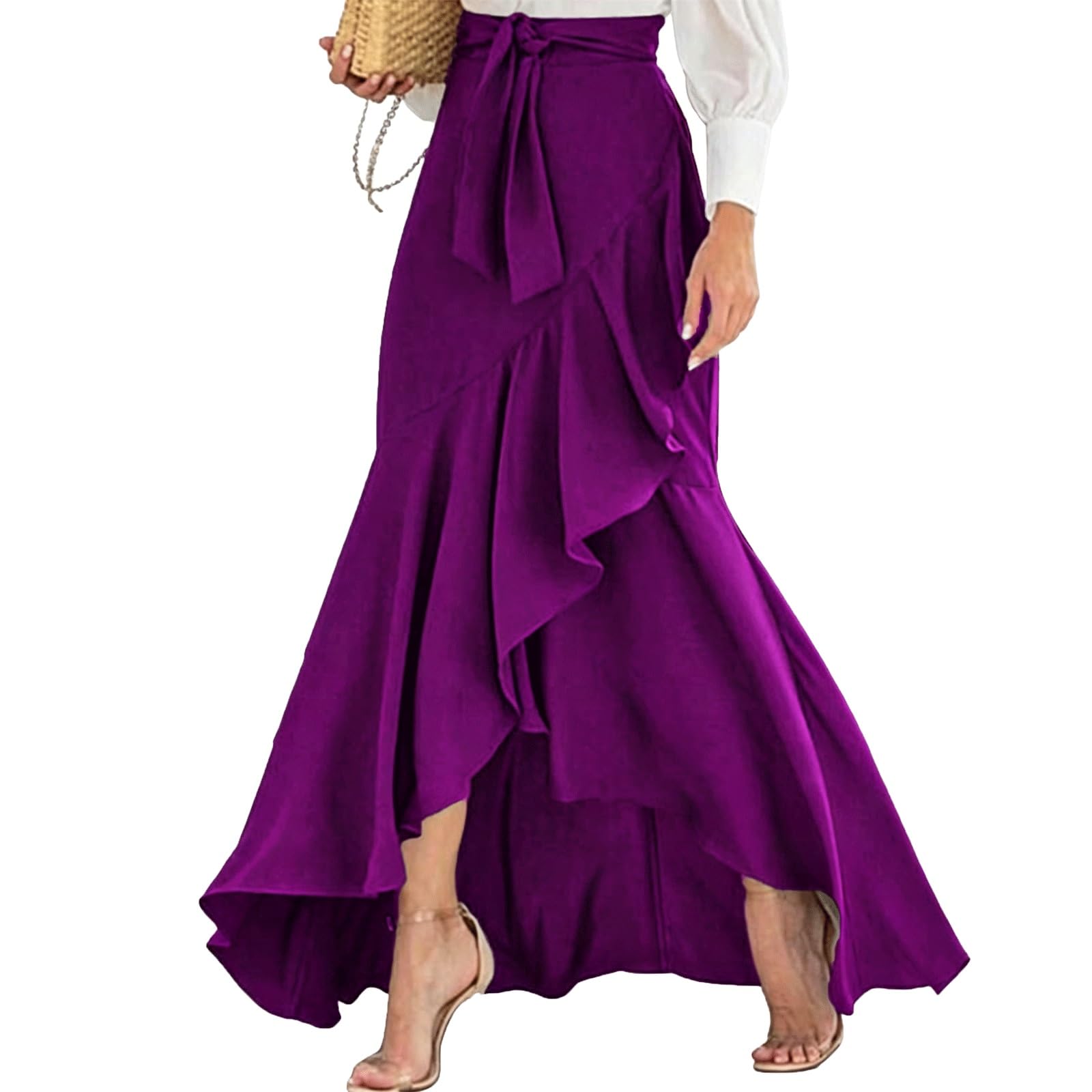 DUddTTW A-line Midi Long Skirt Belt Women's Maxi Skirts Irregular Design(Lila,Lagre)