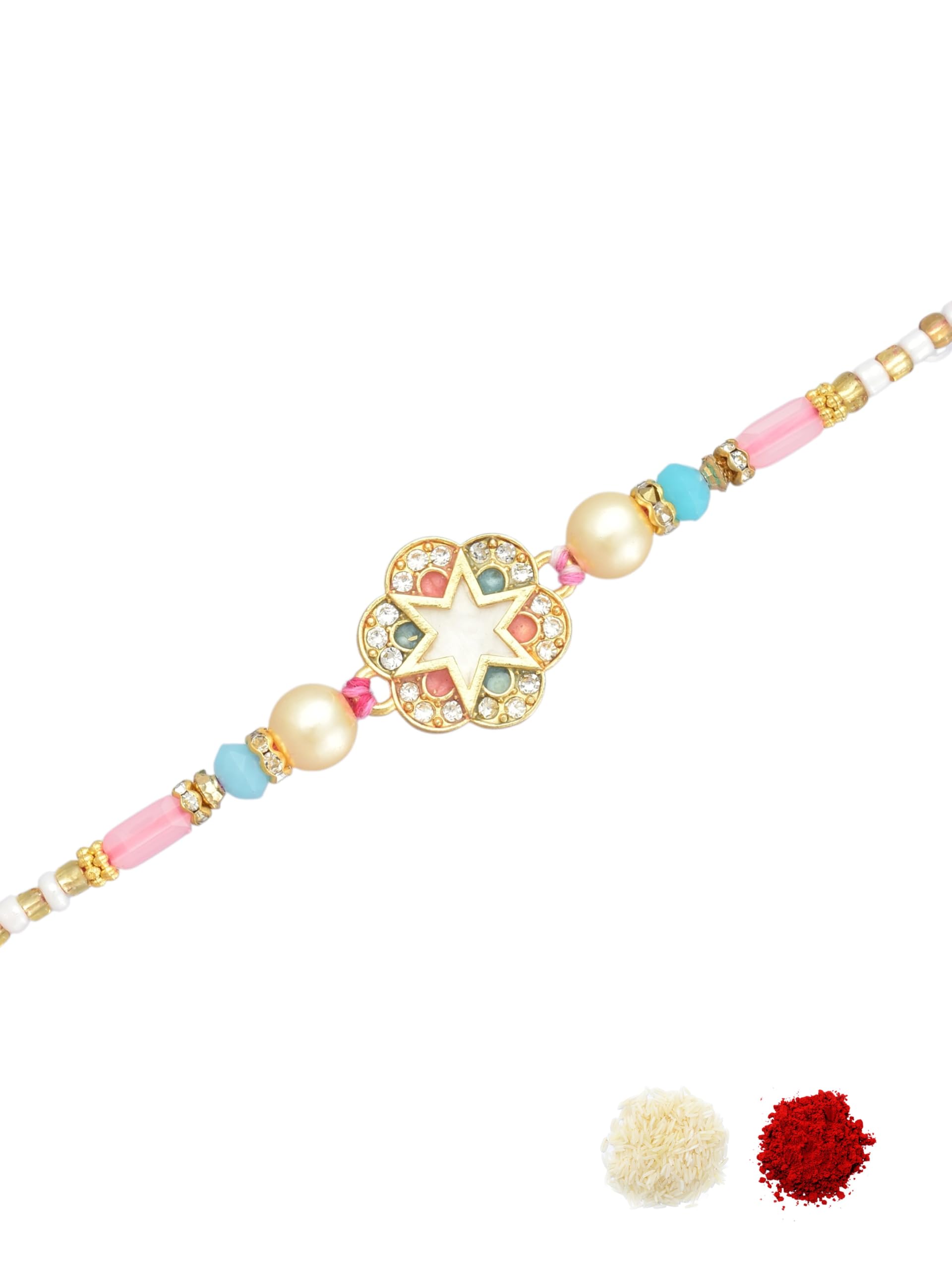 Premium Pastel Star Flower Design Enamel Work Cotton Thread AD Studded & Beaded Pack of 1 Rakhi for Brother, Bhaiya & Bhai with Roli Chawal & Greeting Card for Raksha Bandhan-53-image-39
