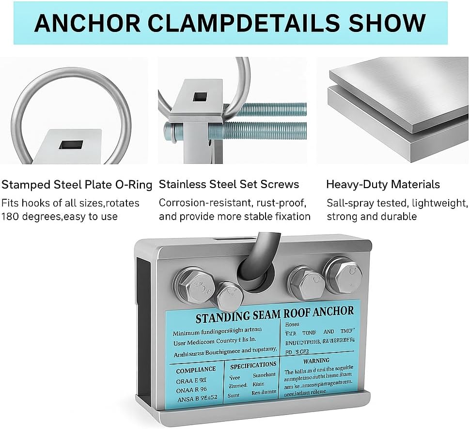 Roof Anchors for Fall Protection, No Drill Roof Anchor, OSHA/ANSI Compliant Roof Safety Anchor, Lightweight Permanent fall protection anchor, Standing Seam Roofing Tools with 360° Swivel