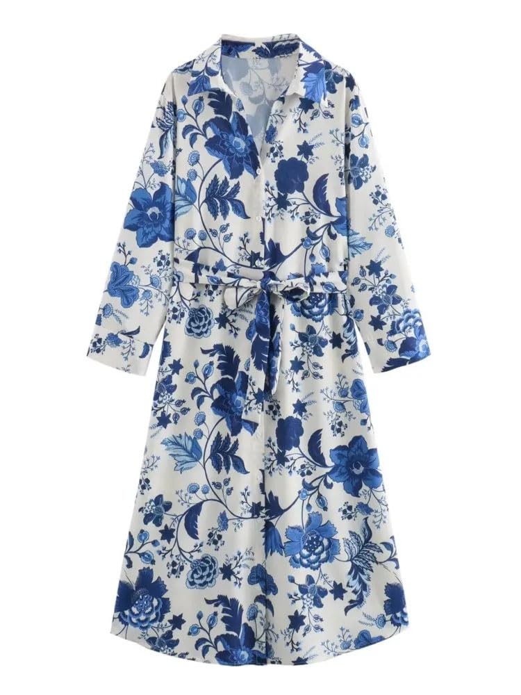 Vestido de verano holgado para mujer, con cinturón, estampado floral, mangas 3/4, vestido largo midi