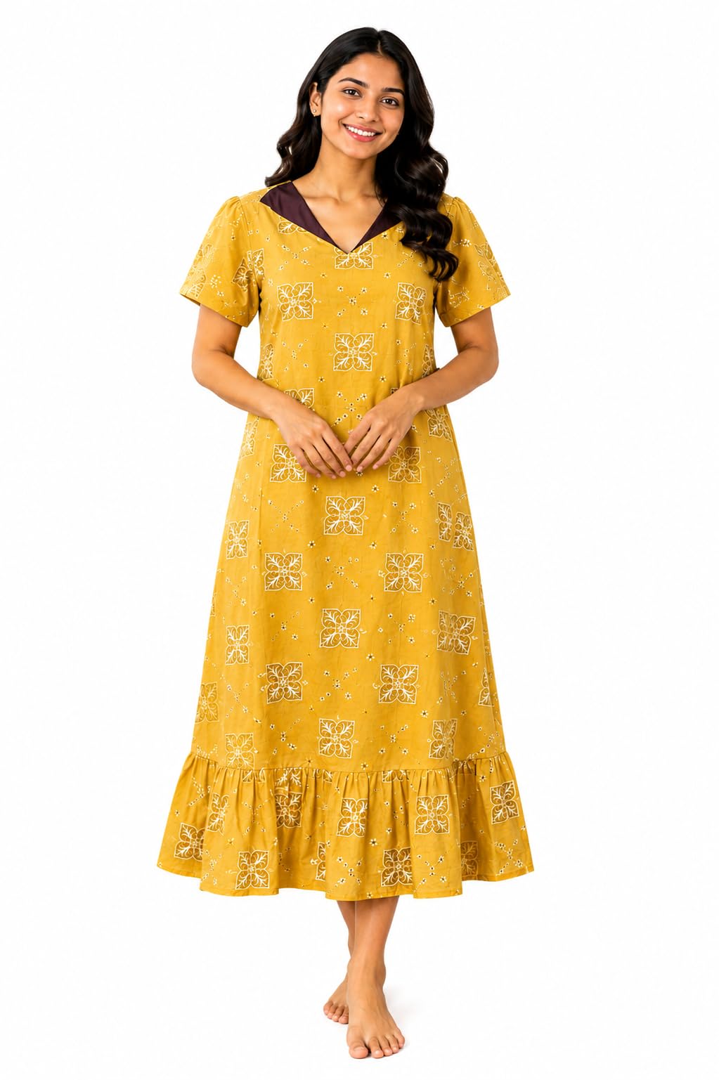Women’s Cotton Frock Nighty | Soft & Comfortable Sleepwear | Stylish Printed Night Dress for Ladies | Breathable Fabric | Perfect Nightwear | Relaxed Fit Night Gown Light Green-image-47