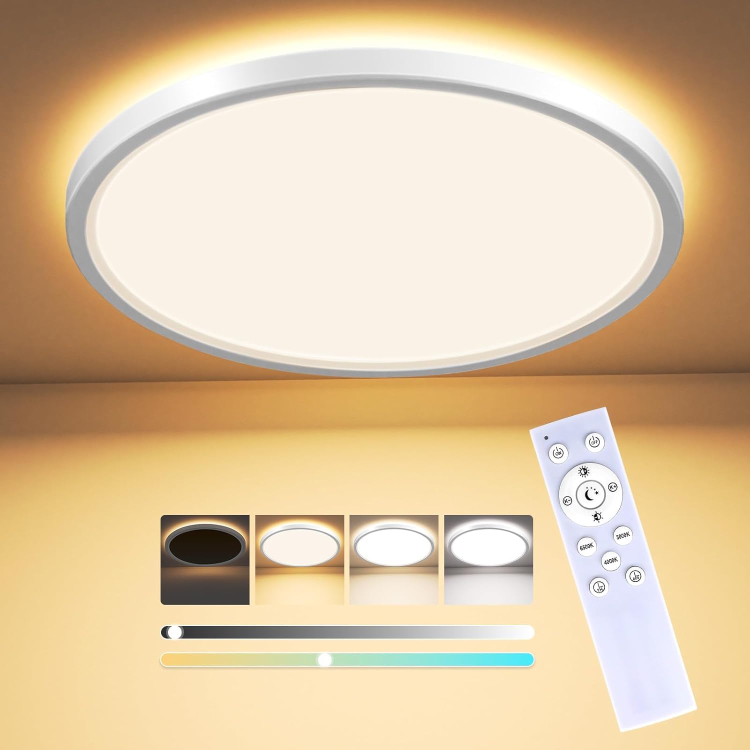Puvixber White Led Ceiling Lights For Bedroom,24W 2800Lm Dimmable Round Flush Ceiling Lights With Remote Control,1800K Night Light & 3000K-6500K Timer Memory Function For Bedroom Kitchen Living Room 29Cm
