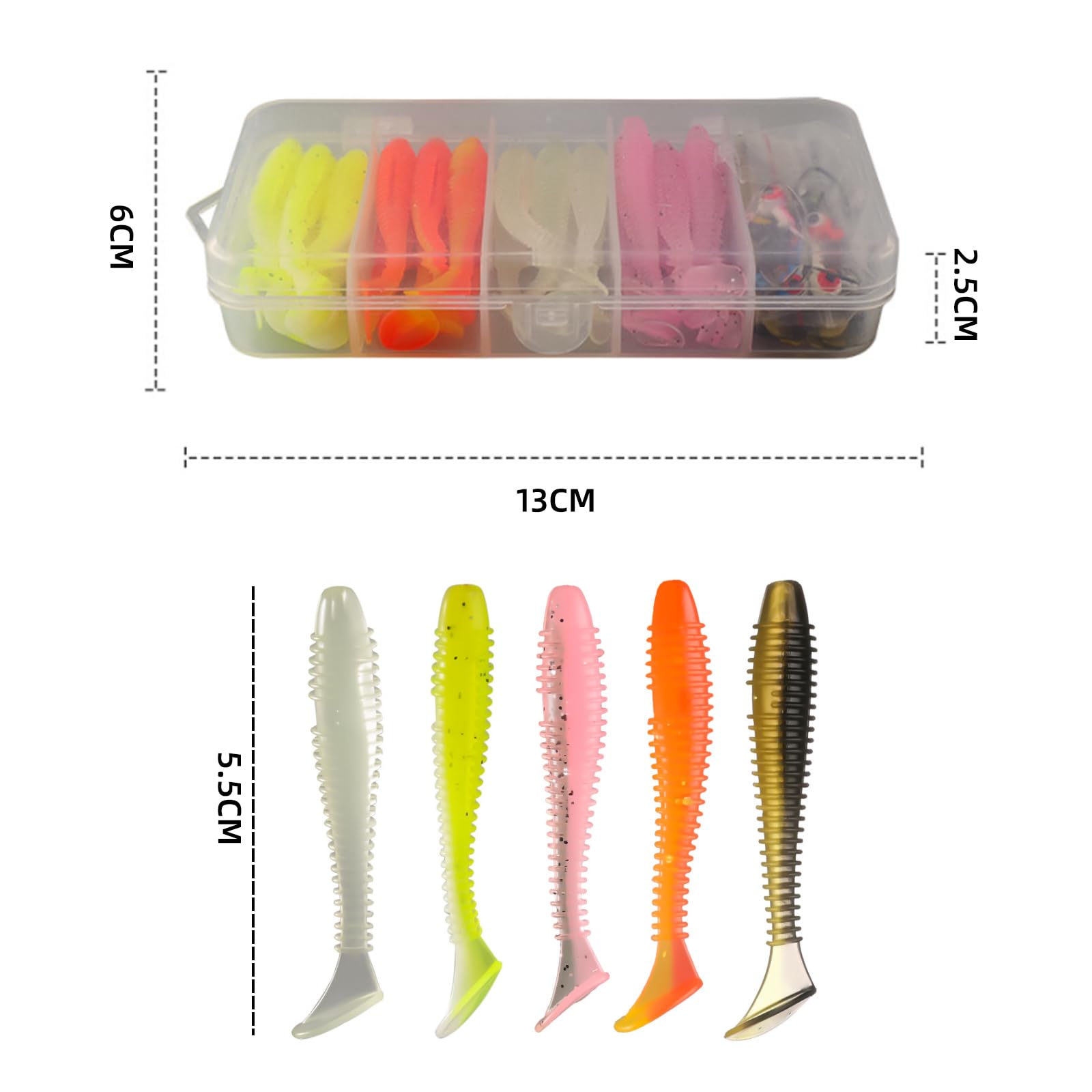 Xiciki 37 Pcs Fishing Lures Set Soft Plastic Lures with Jig Heads, With Lure Box, Jig Heads for Fishing Lures, Bait Elastic for Sea Fishing, Easy Catching Bait for Bass, Trout, Crappie Fishing Lures - Image 2