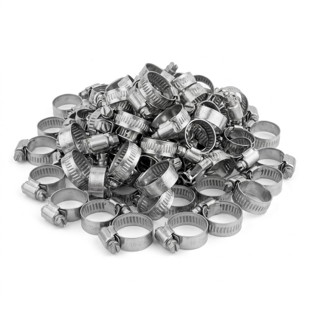 Kct Silver 50 Pack - 16Mm-25Mm Hose Pipe Clamps Adjustable 304 Stainless Steel Metal Clips For Flexible Tube Worm Drive