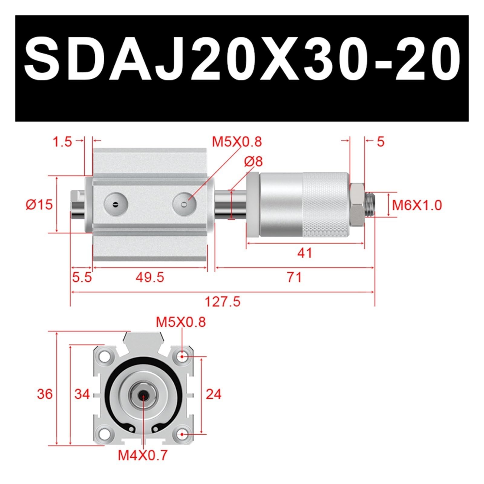 DEBLAN Kleiner, Dünner Zylinder Mit Einstellbarem Hub, SDAJ20X30-20, Pneumatikzylinder, Innengewinde, Ohne Magnet, Hub 30 mm, Einstellbarer Hub 20 mm, Schubkraft 10 kg