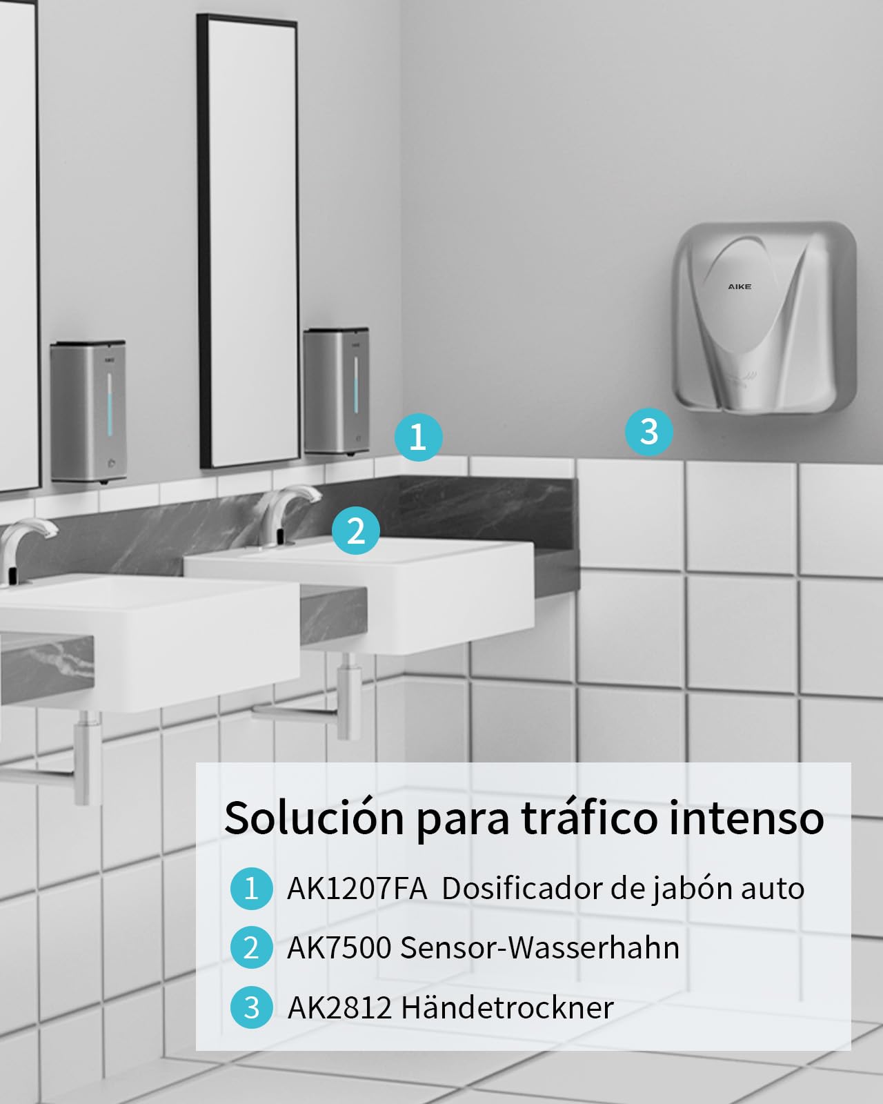 AIKE Dispensador De Jabón Espuma Automático, De Pared para Uso Comercial, 1000ML Acero Inoxidable para Jabón De Manos Espumoso, AK1207FA