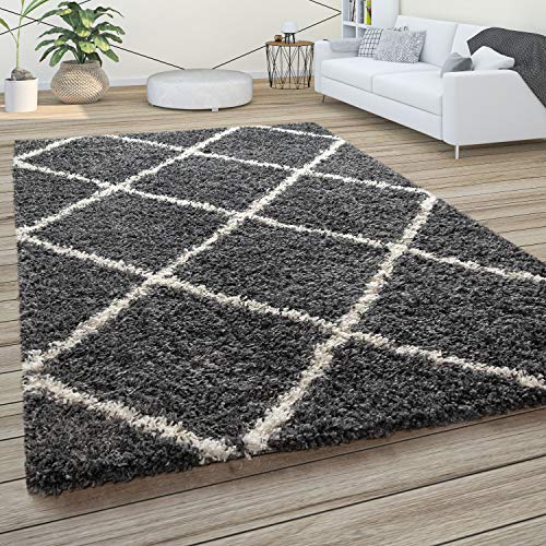 Paco Home Alfombra De Pelo Largo, Suave Salón Shaggy Estilo Escandinavo Motivo De Rombos, tamaño:160x220 cm, Color:Antracita