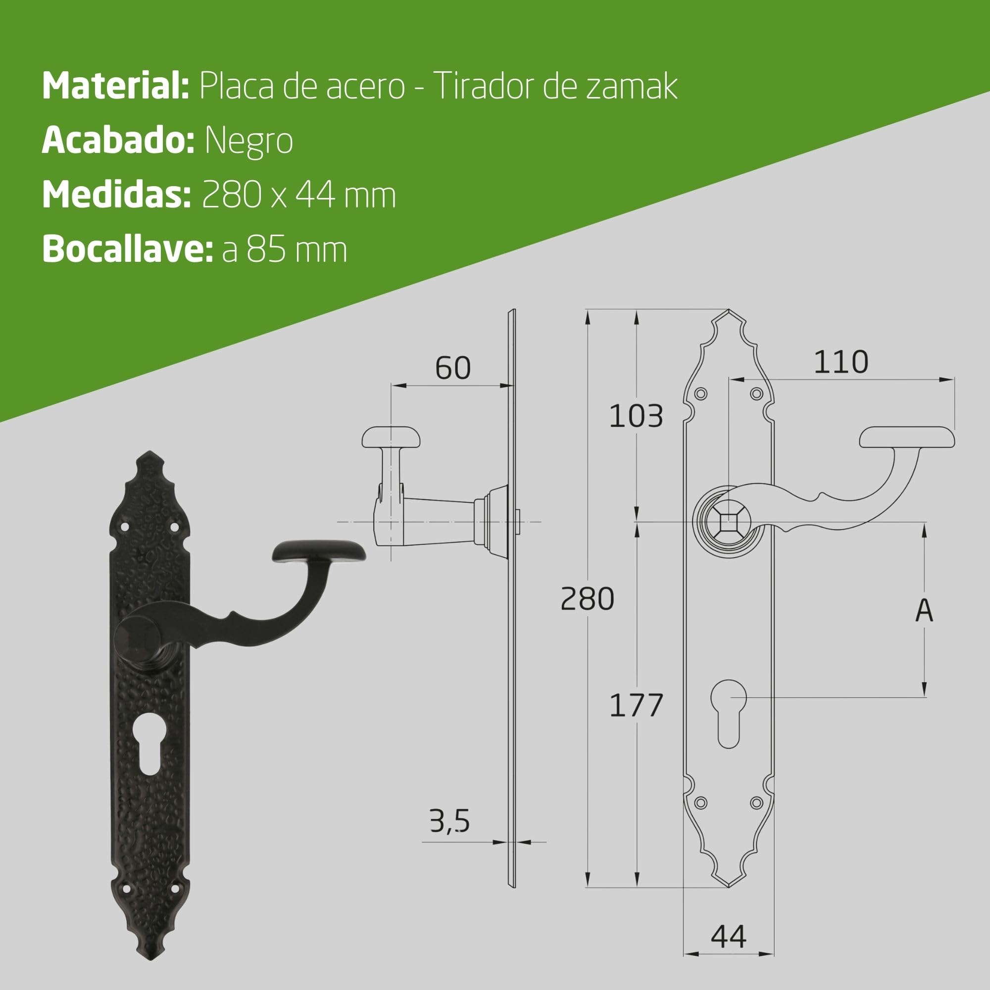 Amig - Juego de 2 Manillas para Puertas de Paso Mod.100PB85-280 x 45 x 3,5 mm - Cuadradillo 8 mm - Para Uso Con Cerraduras De Embutir - Tipo Forja - De Zamak Acabado en Negro