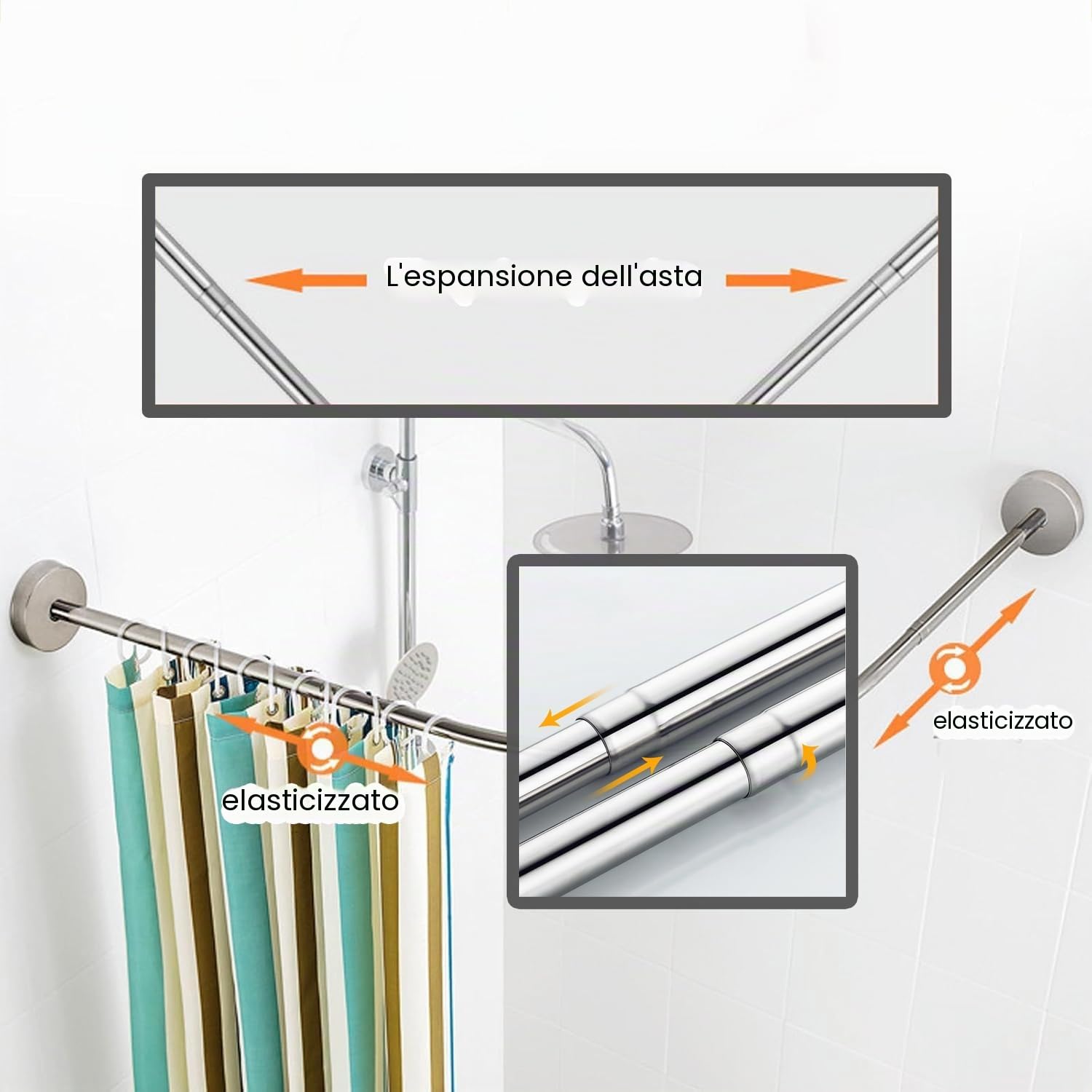 Asta per tenda da doccia a forma di L, 70 – 95 cm, regolabile, senza foratura, supporto per tenda da doccia, in acciaio inox, massima stabilità