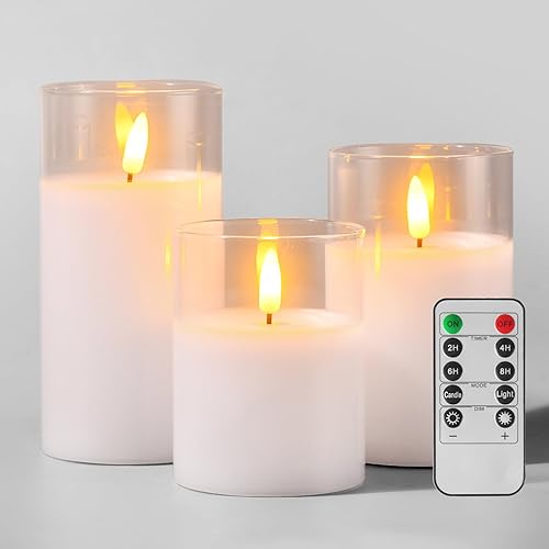 Velas LED de vidrio sin llama con control remoto de 10 teclas y temporizador, velas de cera real, luz parpadeante de color cálido para decoración de
