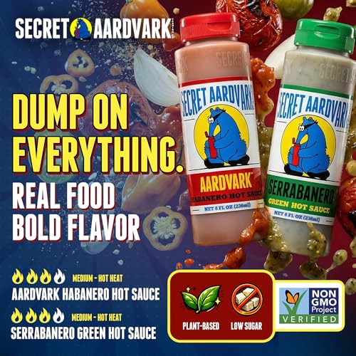 Image of Secret Aardvark Habanero and Serrabanero Hot Sauce, 2-Pack Bundle 8 fl oz | Red and Green Combo, Non-GMO, No HFCS, Vegan, Low Carb, Caribbean Tex-Mex Flavor, Non-GMO, For Tacos and Everyday Cooking