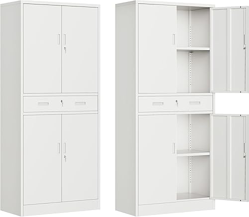 Miniatura 19 de BESFUR Armario de almacenamiento de metal de 71 pulgadas de alto con 5 estantes ajustables y puertas con cerradura, armario con bloqueo para garaje,