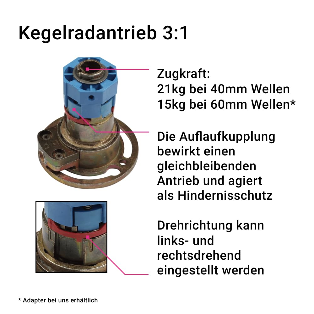 Kegelradantrieb für Links-/Rechtseinbau 3:1 21kg 40er 8-Kant Schneckengetriebe
