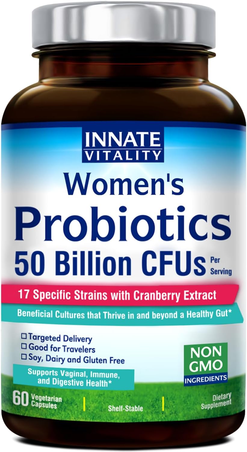 Innate VitalityWomen's Probiotics,50 Billion CFUs,17 Proven Strains, 60 Veggie Caps, Formulated with Prebiotics and Cranberry Extract,Non-GMO, Supports Vaginal, Digestive and Immune Health
