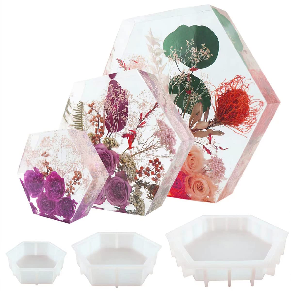 Silicone Large Resin Molds for Flowers, 3pc Hexagon Resin Mold Deep ,Silicone Flower Preservation Molds, Suitable for Flower Preservation, DIY Wedding Bouquet Preservation, Home Decoration