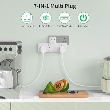 PASSUS Multi Plug Extension Socket 4 Way Plug Adapter with PD20W USB C Slot