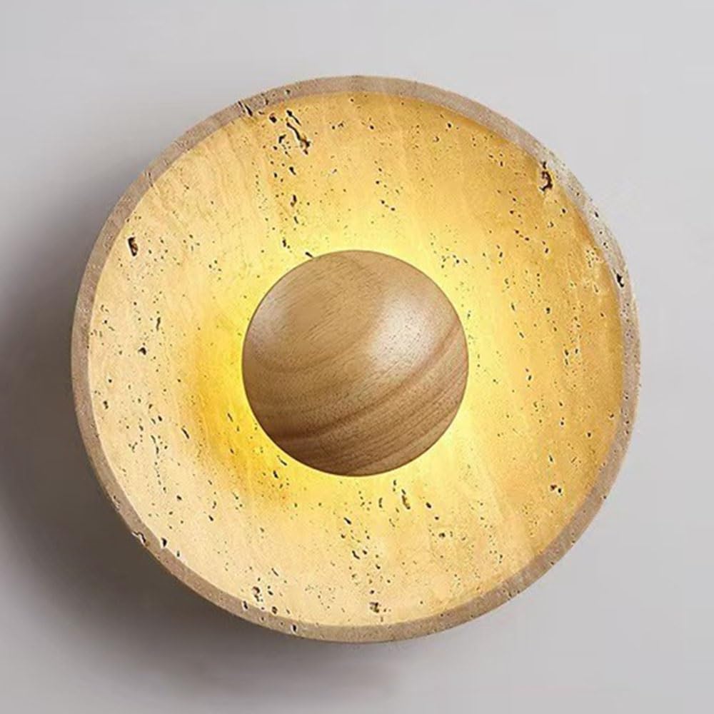 FEITENGDA Modern Round Yellow Travertine Wall Sconce Japanese Minimalist Stone Backlit Wall Lamp Interior Decor Hardwired Wall Mount Light for Bedroom Living Room Hallway