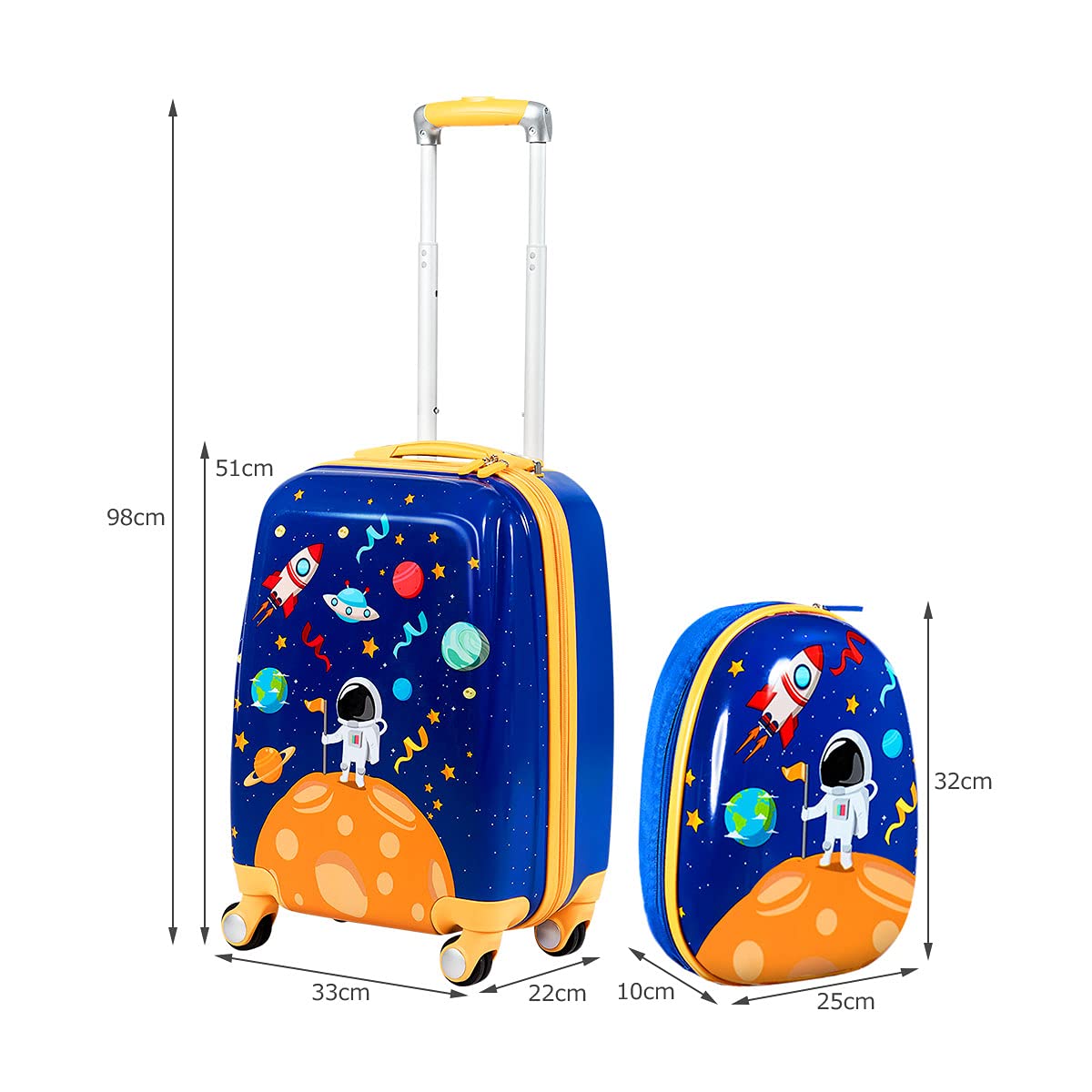 RELAX4LIFE Set Valigia Bambini 2 in 1 Astronauta Spazio Blu Royal Giallo (Trolley18 + Zaino 12") con Ruote 360°, Maniglia Regolabile, Zaino con Piedini | ABS Resistente |Ideale per Viaggi e Scuola