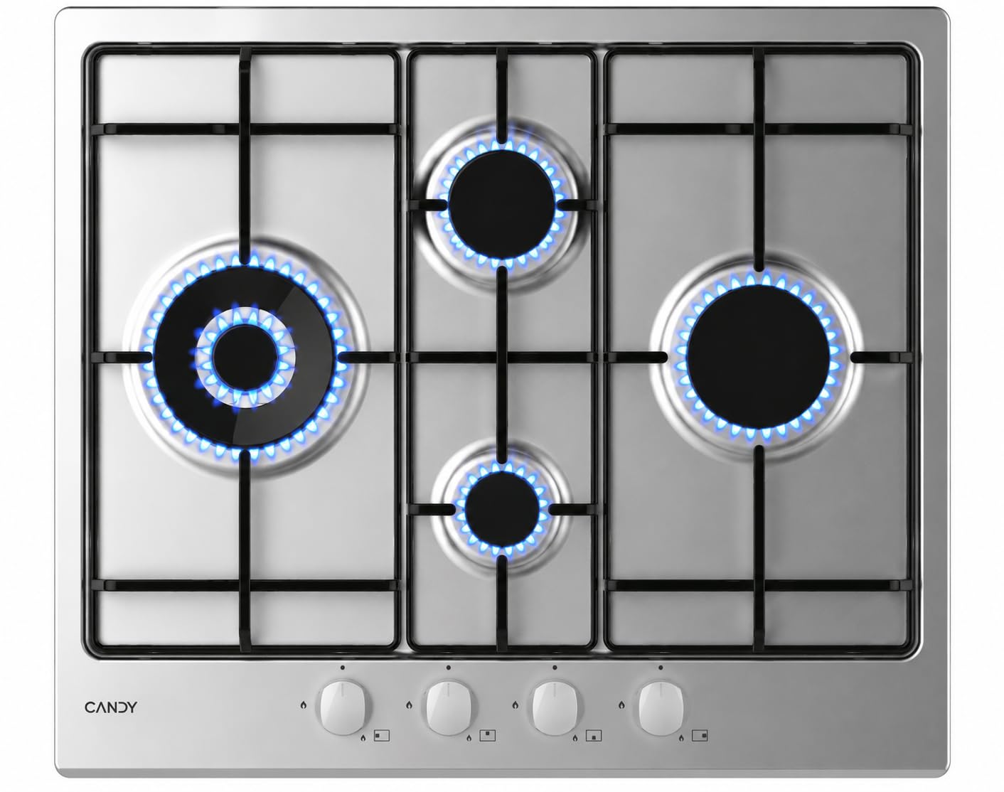 Candy Idea Piano Cottura a Gas 4 Fuochi, Bruciatore Doppia Corona 4000W, Griglie Smaltate Lavabili in Lavastoviglie, Acciaio Inox, Sicurezza Gas, AxLxP 0,8x59,5x51 cm - CHW6D4WX