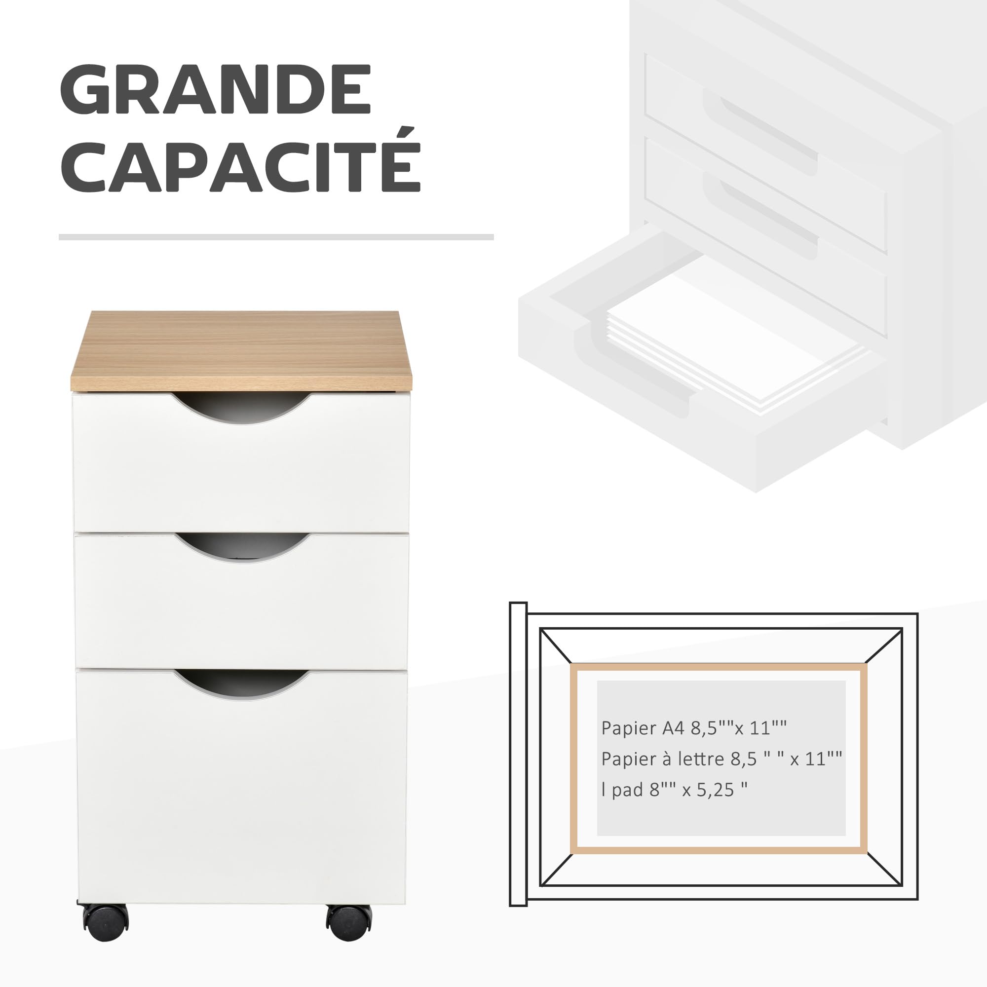 HOMCOM Caisson de Bureau, Rangement Bureau sur roulettes avec 3 tiroirs coulissants, 34 x 40 x 60,5 cm, Blanc et Effet Bois Naturel