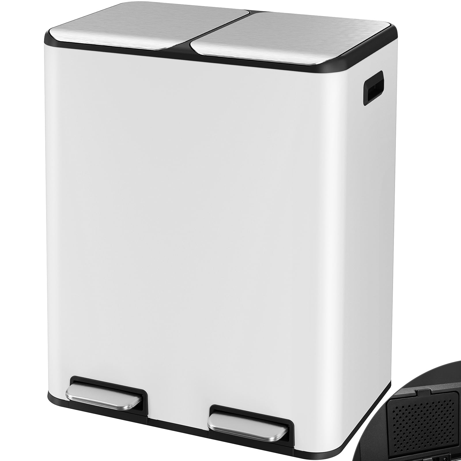 LIFEZEAL Vuilnisbak met twee vakken, 2 x 30 l, pedaalemmer van roestvrij staal, 2 binnenemmers van kunststof, deksel, zachte sluiting, voor keuken, woonkamer (wit
